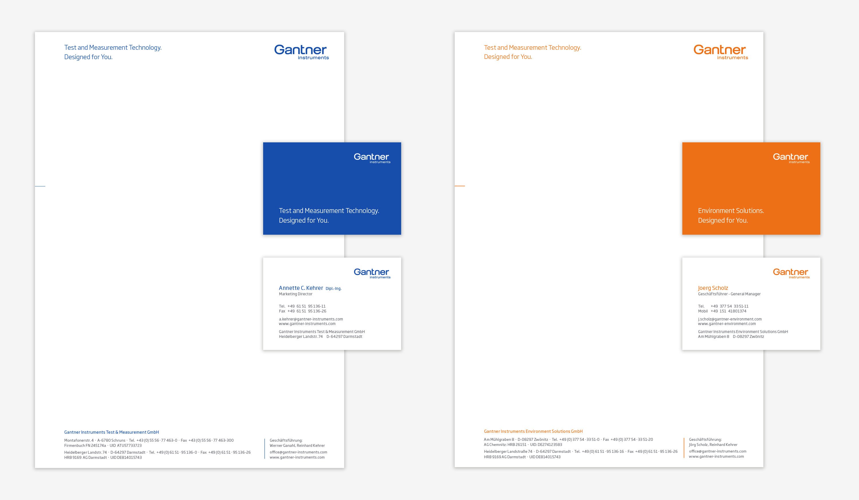 Corporate design for Gantner Instruments: letterhead and business cards: