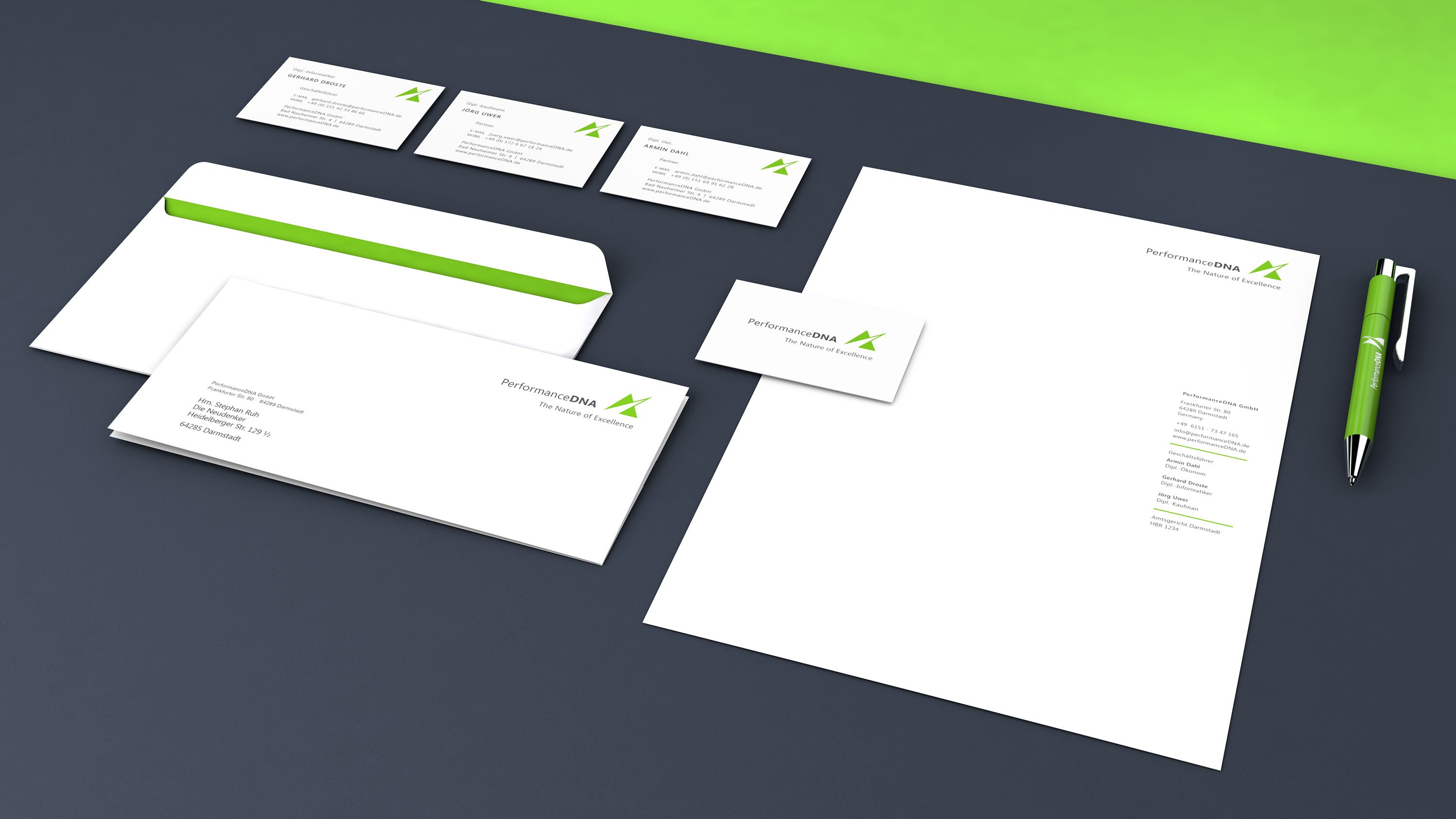 Brand concept, stationery, business cards and logo for Performance DNA, start-up: DIE NEUDENKER® Agency, Darmstadt