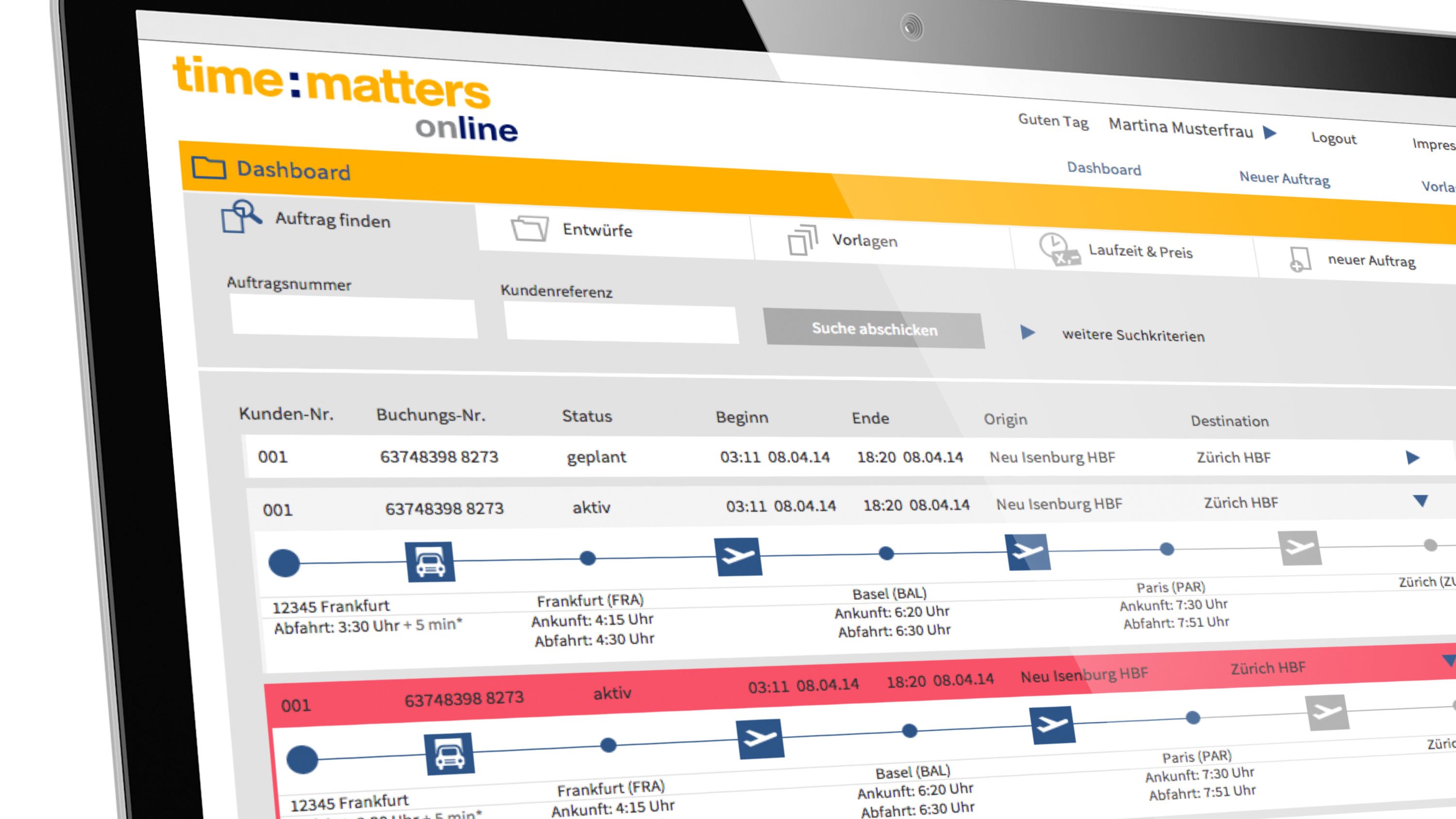 GUI booking and tracking dashboard for time:matters online: THE NEUDENKER® Agency, Darmstadt